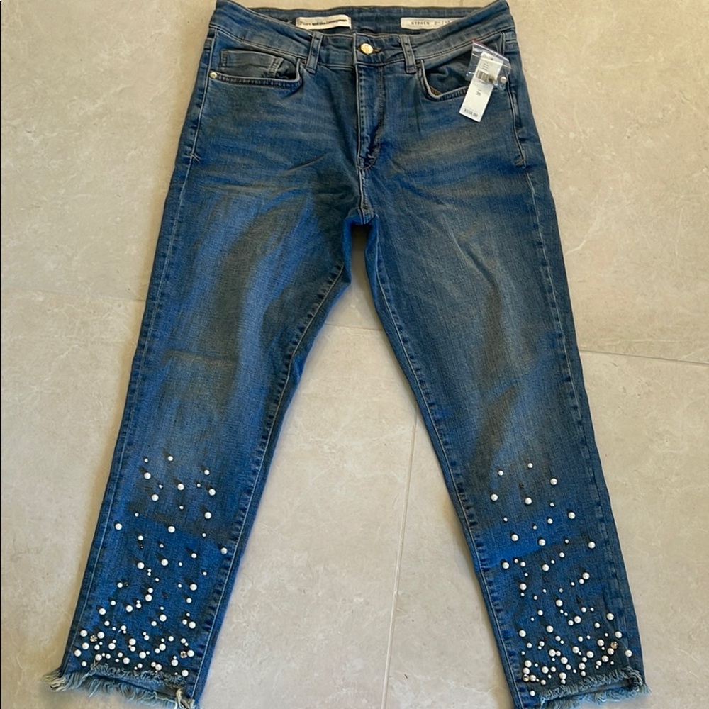 Pilcro Blue Cropped Jeans with Pearl Embellishments